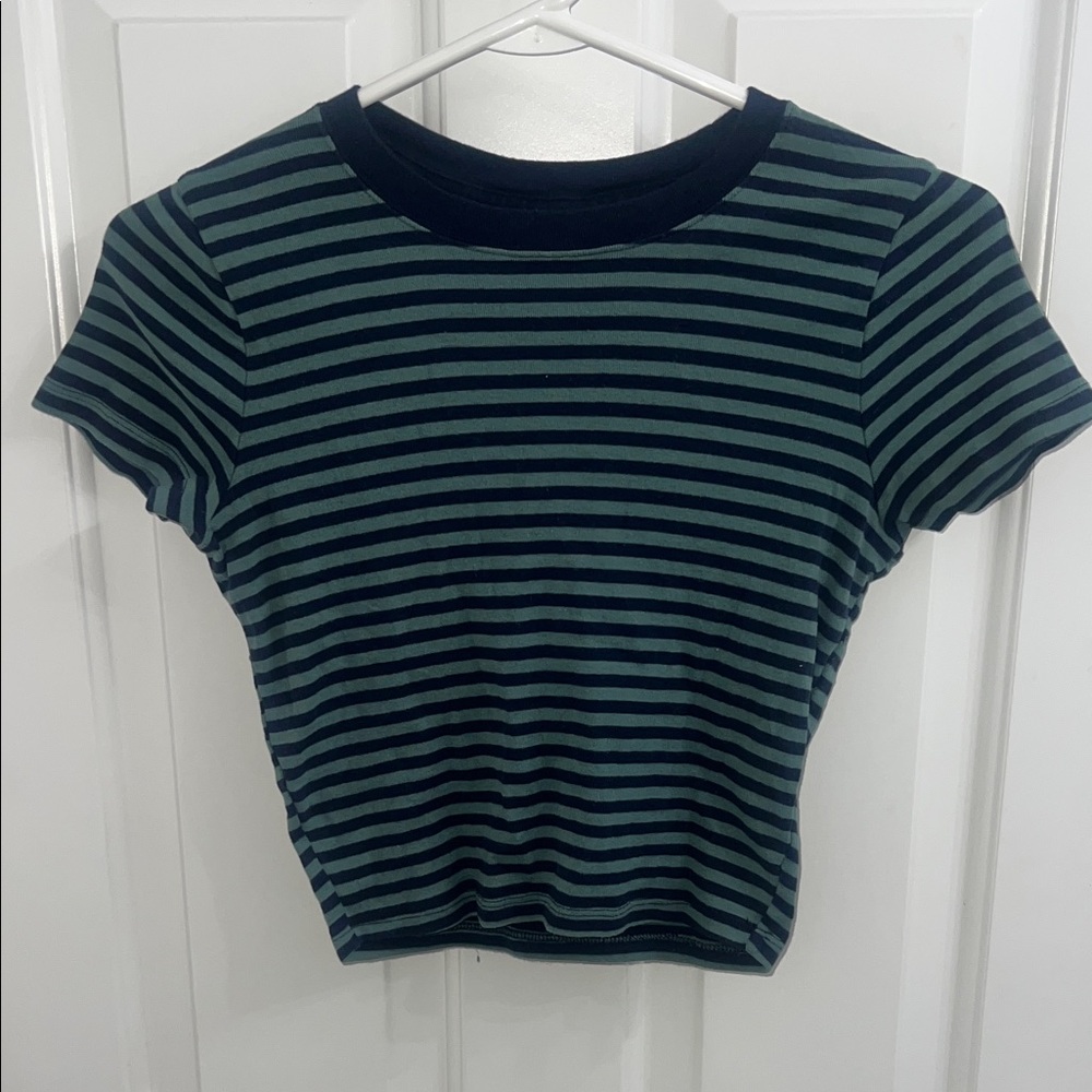 Hollister Navy and Green Striped Short Sleeve Tee